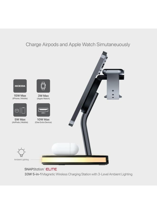 MICRODIA SNAPStation ELITE 33W 5-in-1 Magnetic Wireless Charging Station – MagSafe Charger Stand with Adjustable Ambient Lighting, Fast Qi Wireless Charger for iPhone 16/15/14/13, AirPods & Watch - Black - Image 4